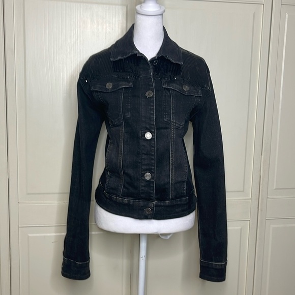 Rubberband Stretch Women’s Black Embellished Denim Jean Jacket Size L Western - Picture 1 of 12